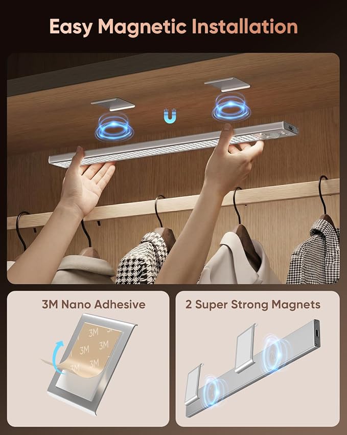 12inch Under Cabinet Lighting Wireless, 152LED Motion Sensor Light Indoor, USB Rechargeable Closet Lights, 3 Color Temps & Dimmable, Stick On Under Counter Lights for Kitchen, Pantry, Stairs, 5 Pack