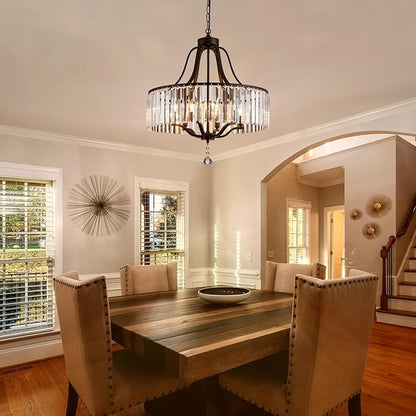 Modern Crystal Chandeliers Round 6-Light Large Black Pendant Lighting Fixture for Dining Room Living Room Kitchen Island Bedroom Hallway Hall Foyer 21.7" Adjustable Height Hanging Lamp