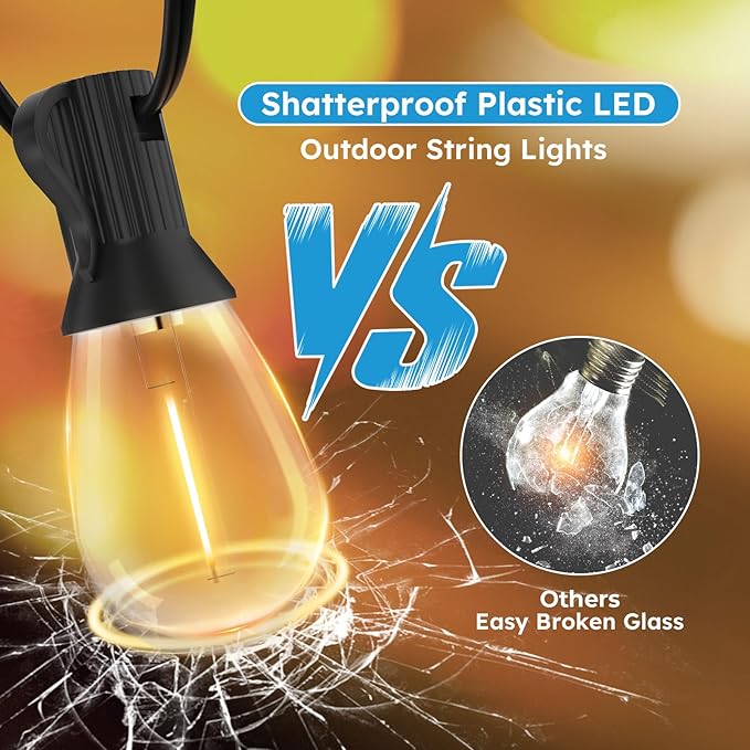 GvvooHome S11 LED Outdoor String Lights 100FT, Shatterproof & Waterproof Patio Lights with 32 Plastic Bulbs for Porch, Deck, Garden, Backyard, Balcony, 2700K Dimmable