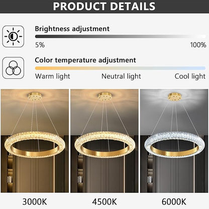 24" Ring Modern LED Dimmable Crystal Chandelier Adjustable Height Pendant Light Round Crystal Chandelier Light Fixtures for Dining Room Living Room Kitchen Island Gold