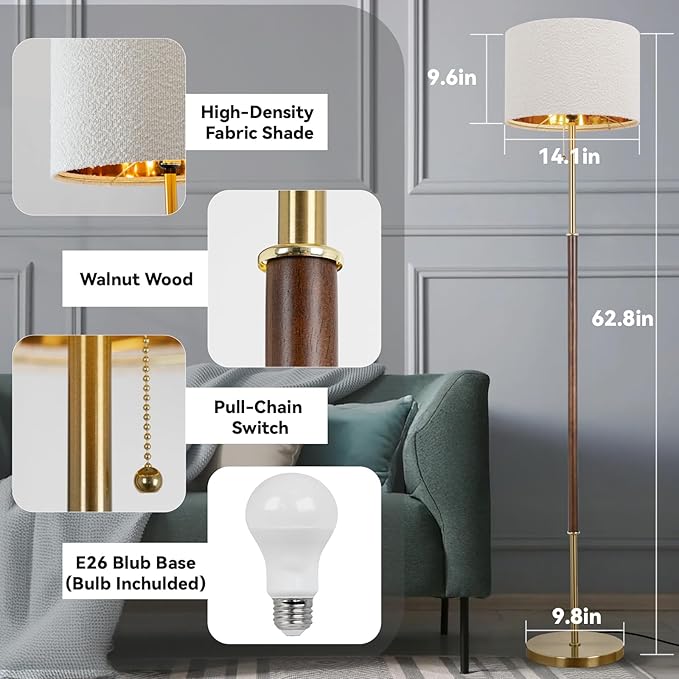 LALISU Wood Floor Lamp for Living Room Gold Traditional Farmhouse Floor Lamps Mid-Century Pole Lamp with Linen Lamp Shade, Standing Tall Floor Lamps for Bedrooms and Office (Gold)