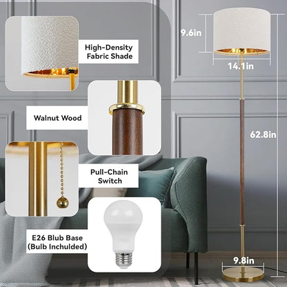 LALISU Wood Floor Lamp for Living Room Gold Traditional Farmhouse Floor Lamps Mid-Century Pole Lamp with Linen Lamp Shade, Standing Tall Floor Lamps for Bedrooms and Office (Gold)