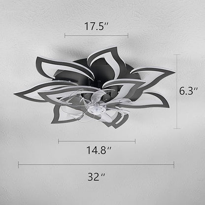 Yfrest Modern Ceiling Fan with Light and Remote, Low Profile Ceiling Fans with Lights, 32 Inch Flush Mount Ceiling Fan with 3 Light Color 6 Speeds, Fandelier Ceiling Fan for Living Room, Dining Room