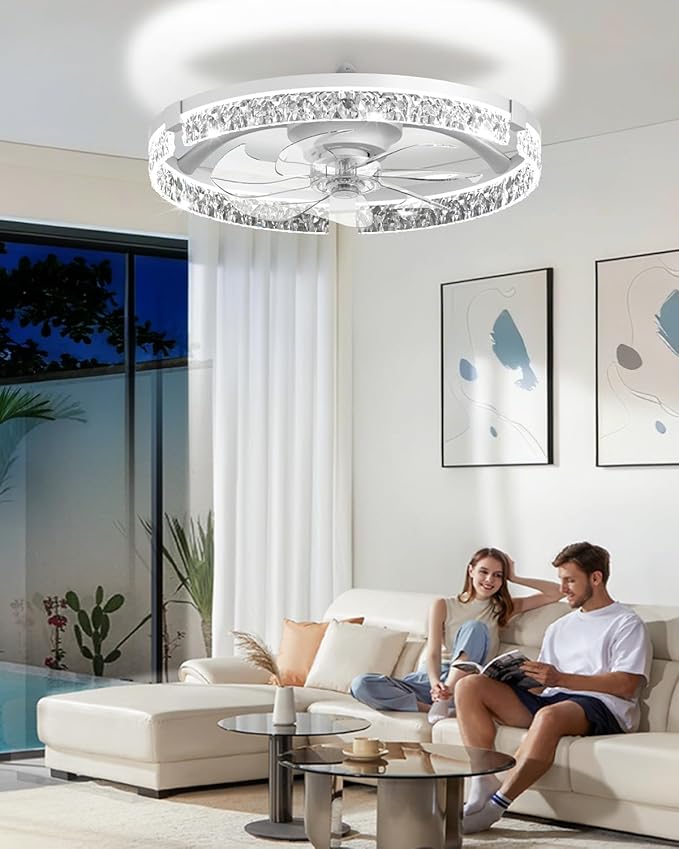 AIKVSXER 20" Low Profile Ceiling Fan with Light and Remote, Dimmable LED Flush Mount Ceiling Fan, 6 Speeds, White Modern Design for Bedroom/Living Room （White-Crystal）