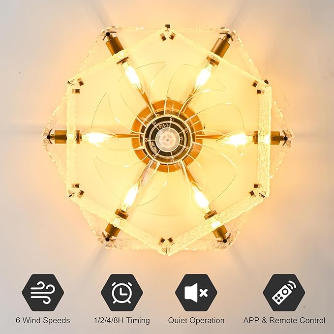 Ganeed Gold Fandelier Ceiling Fan with Light, 20inch Crystal Fandelier Ceiling Fan with Remote Caged Enclosed Bladeless Reversible 6 Speeds for Bedroom, Kitchen, Foyer, Living Room, Nursery