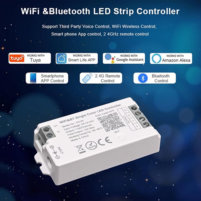 C01W Single Color LED Controller, Tuya WiFi 2.4G RF, 2Pin PWM Dimmer for LED Strip, APP & Voice Control, Compatible with Alexa Google Home, Compatible with WR02RF RC01RFB Remote
