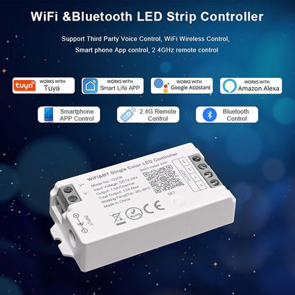 C01W Single Color LED Controller, Tuya WiFi 2.4G RF, 2Pin PWM Dimmer for LED Strip, APP & Voice Control, Compatible with Alexa Google Home, Compatible with WR02RF RC01RFB Remote