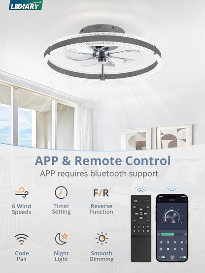 LEDIARY Ceiling Fans with Lights and Remote, 20'' Low Profile Ceiling Fan with Light, 3000-6000K Dimmable Fandelier Ceiling Fans, Modern Flush Mount Fan Light for Bedroom with 6 Wind Speeds-Sandy Gray