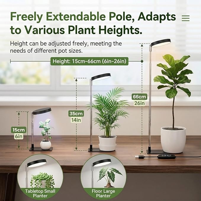 Indoor Plant Growth Lamp, Full-Spectrum 48-LED Indoor Plant Lamp, 3 Selectable Spectra, 3/9/12 Hours, 10 Brightness, Adjustable Height from 7 to 26 Inches