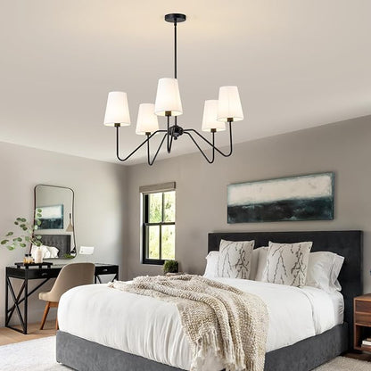 Modern Chandelier for Dining Room, 5-Light Farmhouse Pendat Light Fixture with White Fabric Shade,Black Hanging Light Fixture Over Table Ceiling Chandelier for Bedroom,Living Room,Hallway