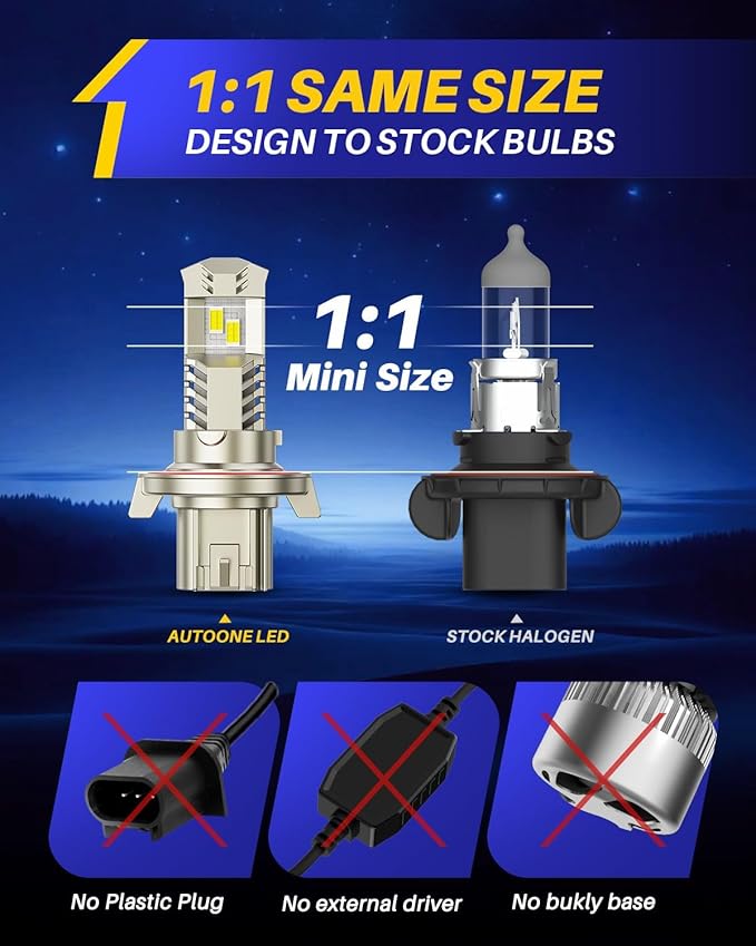 AUTOONE Upgraded H13/9008 Light Bulbs, 26,000LM White 800%, 1:1 Mini Size No Adapter Required H13 bulb, Plug & Play Quick Installation, 2PCS