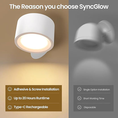 Wall Mounted Lamp LED Wall Lights with Rechargeable Battery Operated, 3 Color Temperatures & 3 Brightness Levels 360°Rotate Magnetic Ball, Cordless Sconces for Reading Bedroom Bedside,White-2 Pack