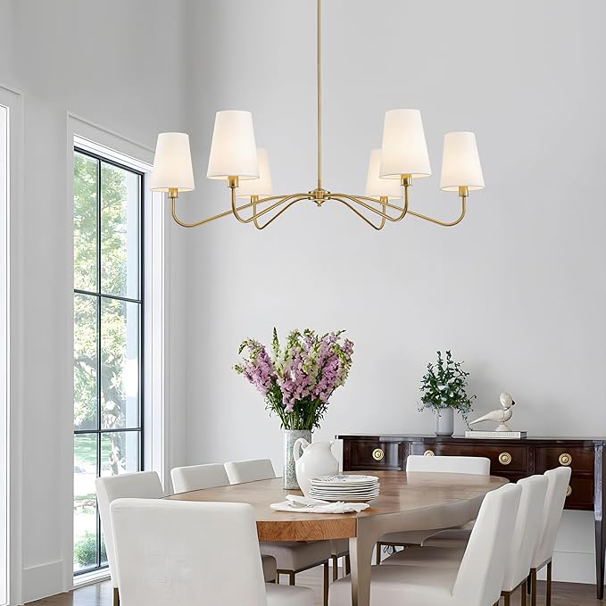 47'' Brushed Gold Chandelier with Shades, Oversized 6-Light Modern Chandelier for Living Room, Large Dining Room Light Fixture, Adjustable Brass Classic Pendant Light Fixture for Kitchen E12 Base