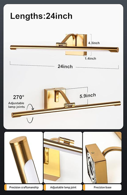 24 Inch Picture Light - Dimmable LED Wall Sconce for Artwork, Gold Brass Finish, Hardwired Gallery Lighting for Paintings and Photos