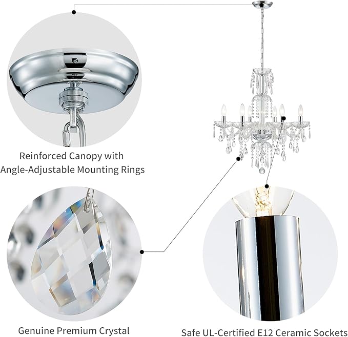 WUZUPS 6-Light Crystal Candle Chandelier Pendant Ceiling Light Modern Lighting Fixture for Bedroom Hallway Bar Kitchen Bathroom, H 25.6" W 24.4", E12 Base, Chrome