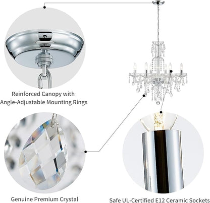 WUZUPS 6-Light Crystal Candle Chandelier Pendant Ceiling Light Modern Lighting Fixture for Bedroom Hallway Bar Kitchen Bathroom, H 25.6" W 24.4", E12 Base, Chrome