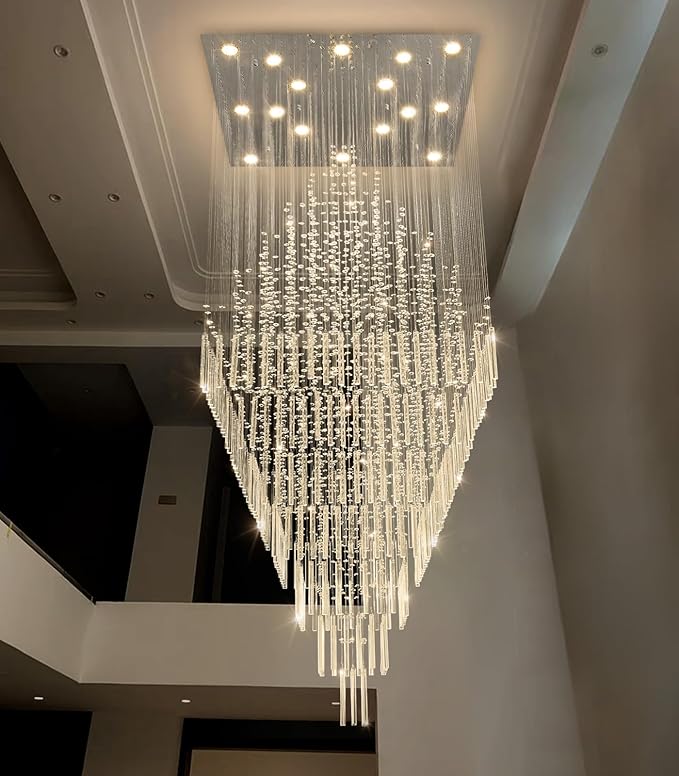 HAIXIANG W40 x H120 Glam Chandelier with LED Bulbs Square Chandeliers, Crystal Raindrop High Ceiling Pendant Light for Entrance Large Villa Chandelier Foyer Lighting Fixtures Silver