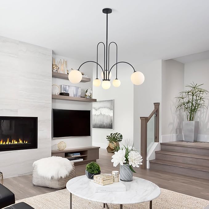 Mid Century Modern Chandelier 6-Light Milk Glass Chandelier Black Sputnik Chandelier Light Fixture Frosted White Globe Chandelier Nordic Chandeliers for Dining Room Living Room