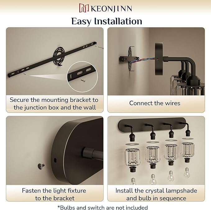 Keonjinn 4-Light Bathroom Light Fixtures, Crystal Black Bathroom Vanity Lights Over Mirror, Vanity Lighting Fixtures with Crystal Square Shades (E26 Socket, Exclude Bulb)