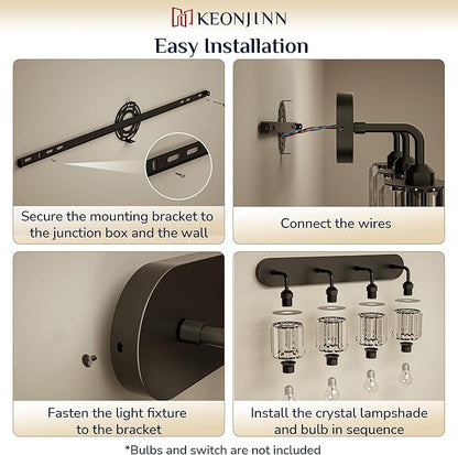 Keonjinn 5-Light Bathroom Light Fixtures, Crystal Black Bathroom Vanity Lights Over Mirror, Vanity Lighting Fixtures with Crystal Square Shades (E26 Socket, Exclude Bulb)