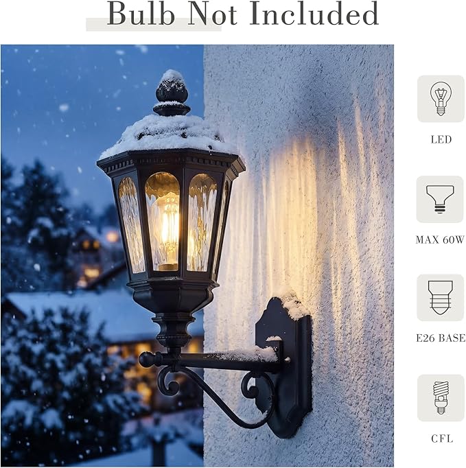 Emliviar Classic 21.7 Inch Black Front Door Wall Lighting, Outside Waterproof Wall Sconce with Water Ripple Glass Shade for Garage, E26 Socket, XE304B-M BK-SW