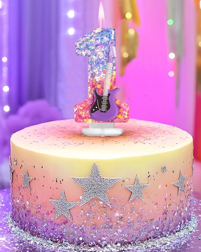 K-Pop Birthday Candle – Purple & Pink Glitter Music Theme Cake Candle with Guitar, Musical Party Decor for Girls, Teens, Kpop Fans (1)