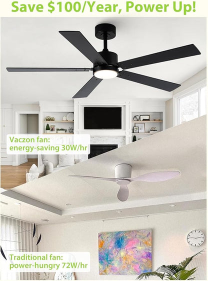 Black Ceiling Fans with Lights, 52 Inch Modern Ceiling Fan with Remote Outdoor Ceiling Fan for Bedroom, Living Room,High CFM Ceiling Fans with 3CCT LED Lights Kit, Quiet DC Motor, Timer