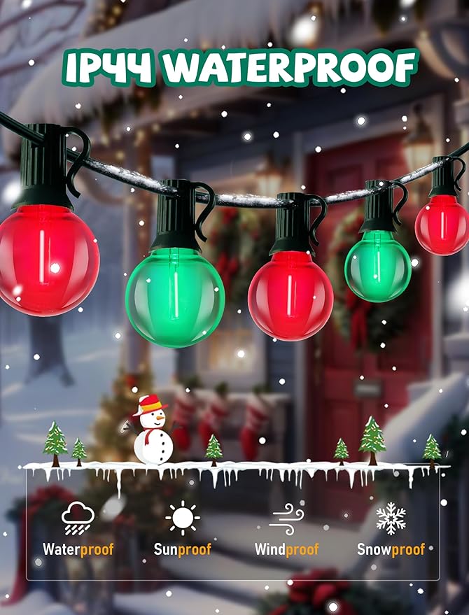 G40 LED Christmas String Lights, 50FT Christmas G40 String Lights with 27 Shatterproof LED Clear Red Green Bulbs, Xmas Outdoor Decoration Lights for Patio Backyard Roofline Garden Yard
