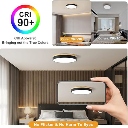 Modern Dimmable Wood Ceiling Light, Black Round LED Flush Mount Ceiling Lighting Fixtures, Minimalist Ceiling Lamp for Kitchen Bedroom Laundry Room Living Room Entryway Hallway&15.74 in