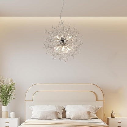 8-Light Modern Firework Chandeliers, Round Sputnik Hanging Lamp, Chrome Crystal Beaded Lighting, Small Dandelion Pendant Light for Entryway Dining Room Kitchen Island (Chrome, D15.7inch)