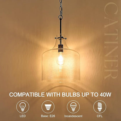 CATINER 12" Black Seeded Glass Pendant Light, Modern Farmhouse Hanging Ceiling Light Fixture for Kitchen Island, Dining Room, Hallway, Hand-Blown Bubble Glass Shade, E26 Dimmable Pendant Lighting