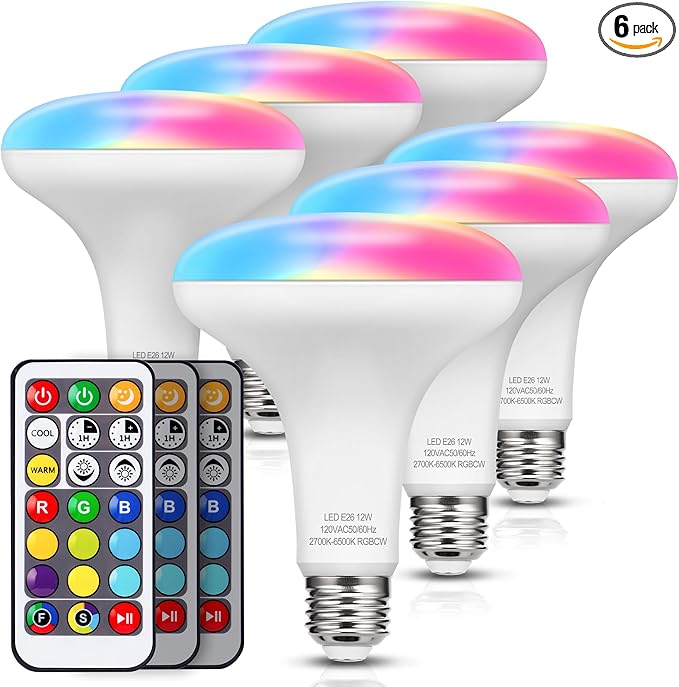 JandCase BR30 Color Changing Flood Lights, RGB+Warm+Cool White LED Recessed Light Bulb, 12W(100W Equivalent), 1050lm, Remote Control, Dimmable Multi-color Can Light Bulbs for Ceiling, E26 Base, 6 Pack