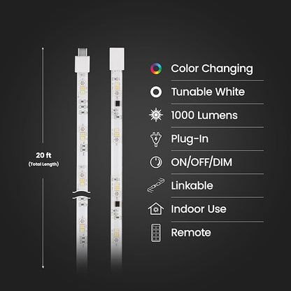 Feit Electric 20FT Smart LED Strip Light, Chasing RGB + Tunable White, App & Remote Control, Alexa & Google Home Compatible, Linkable & Cuttable Tape Light, TAPE20/CHASE/AG