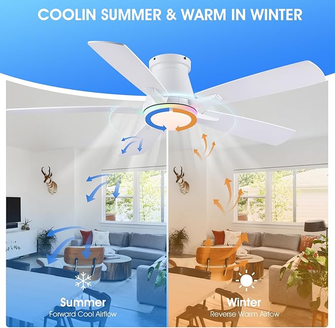 Surtime 52" Ceiling Fans with RGB Lights-Low Profile Ceiling Fan with Light and Remote/APP Control,Flush Mount,DC Reversible,LED Dimmable Ceiling Fans for Bedroom,Indoor/Outdoor Patio Use(White)