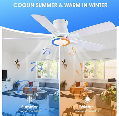 Surtime 52" Ceiling Fans with RGB Lights-Low Profile Ceiling Fan with Light and Remote/APP Control,Flush Mount,DC Reversible,LED Dimmable Ceiling Fans for Bedroom,Indoor/Outdoor Patio Use(White)