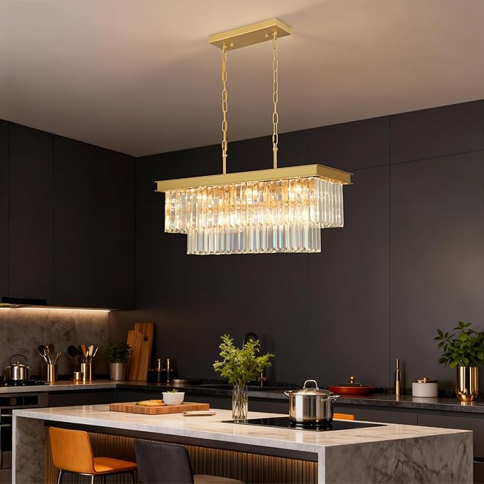 Weesalife Crystal Chandeliers for Dining Room Light Fixtures Over Table，9-Lights Gold Modern Rectangle Chandeliers for Kitchen Island Bar L28 Inch