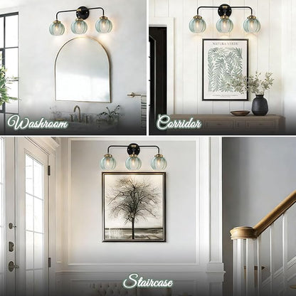 3-Light Bathroom Vanity Light Black Wall Mount Light with Green Glass Shade, Mid Century Wall Sconce Lights Modern Vanity Lamp for Over Mirror Bedroom Hallway