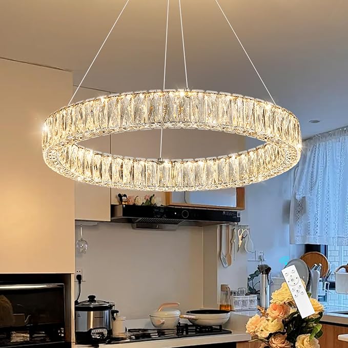 HAIXIANG Modern Crystal Chandelier Dimmable LED Ring Pendant Lights Adjustable Glam Chandeliers Lighting Fixtures for Dining Room Living Room Bedroom Silver Light