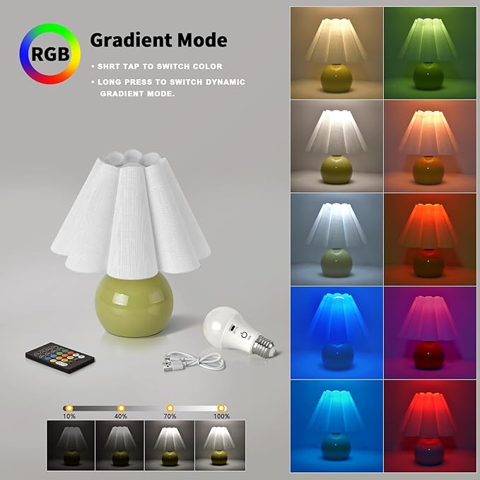 Rechargeable Cordless Green Small Table Lamp, Battery Operated Remote Control LIght Mini Cute Table Lamps for Bedroom Nightstand, Cute Small Table Lamp for Small Spaces for Kitchen Counter, Bookshelf
