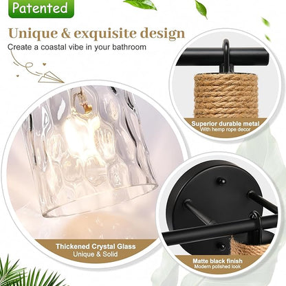MOKATNG Bathroom Light Fixtures, 3-Light Coastal Vanity Lights with Crystal Glass Shade, Black Bathroom Wall Lamp for Mirror Kitchen Hallway Cabinet