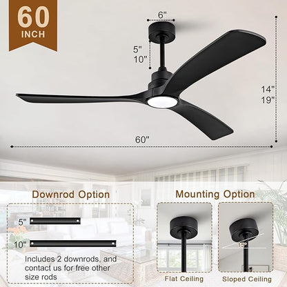 Ceiling Fan with Light,60 inch Solid Wood Ceiling Fan with Remote Control,Wall Switch,Dimmable,Reversible Quiet DC Motor,Power off Memory Indoor Outdoor Ceiling Fans for BedRoom Patio