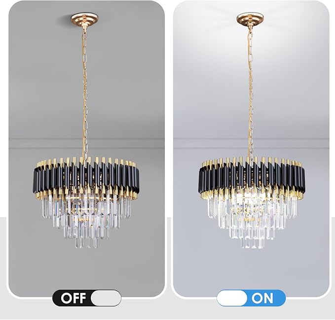 FRIXCHUR 20" Modern Crystal Chandelier 4 Tiers Black and Gold Chandelier Pendant Light 53" Long Chandeliers for Entryway Dining Room Living Room Hallway Foyer E12*7 (Exclud Bulbs)