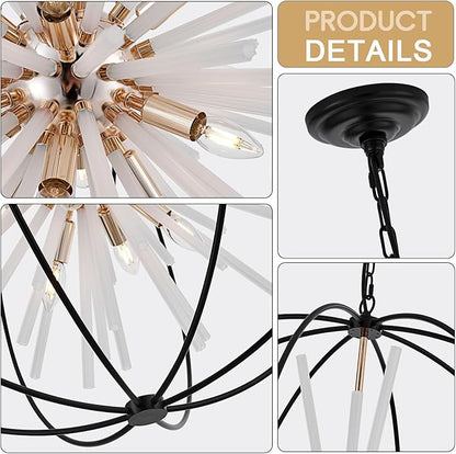 31.5" Black Gold Large Globe Sputnik Chandelier, 12-Light Mid Century Modern Industrial Starburst Golden Satellite Light Fixture for High Ceiling Living Room Dining Room Foyer Stairway,E12