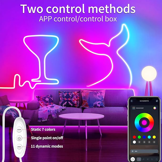 Neon Rope Lights，16.4ft RGB LED Strip Lights with App Control,Music Sync Flexible DIY Design,5V USB Powered Neon Lights for Bedroom,Gaming,and Party Decoration(with Adhesive Backing)