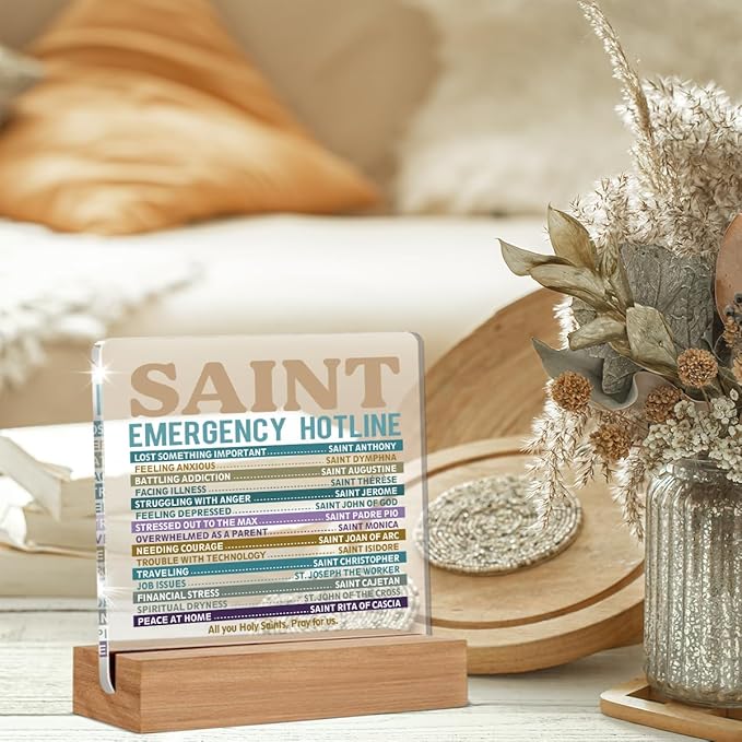 Catholic Gifts for Women Men, Christian Religious Gifts for Women Men Chaplain Coworker Friend Bestie Sister, Saint Emergency Hotline Sign, Saint Prayer Gift Acrylic Plaque Home Office Desk Decor