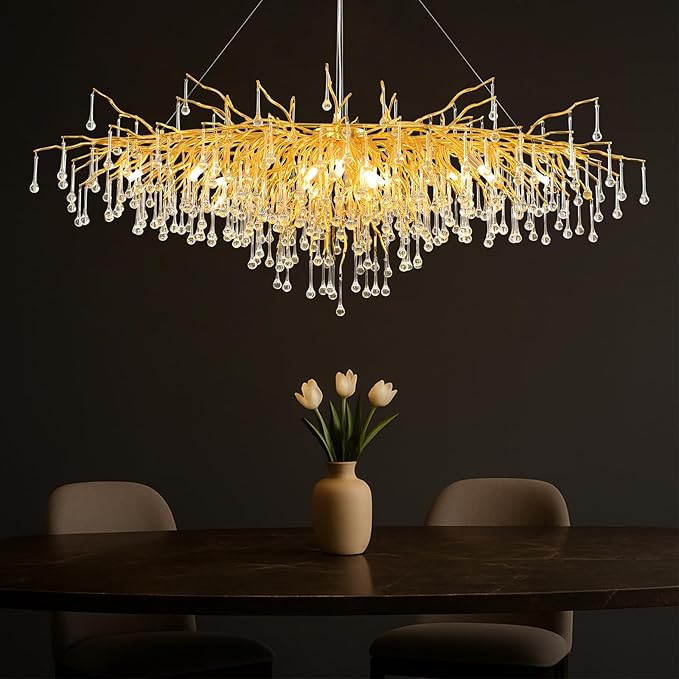 63in Modern Chandeliers, Tree Branch Chandelier Raindrop Crystal Pendant Light Fixtures, Gold Finish Chandeliers Light for Dining Room, Entryway, Living Room, 15-Light
