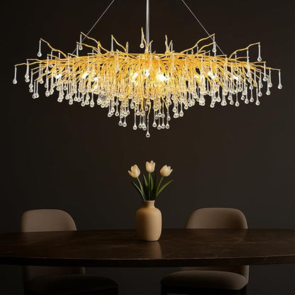 63in Modern Chandeliers, Tree Branch Chandelier Raindrop Crystal Pendant Light Fixtures, Gold Finish Chandeliers Light for Dining Room, Entryway, Living Room, 15-Light