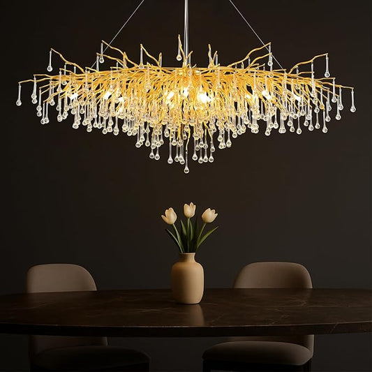 63in Modern Chandeliers, Tree Branch Chandelier Raindrop Crystal Pendant Light Fixtures, Gold Finish Chandeliers Light for Dining Room, Entryway, Living Room, 15-Light