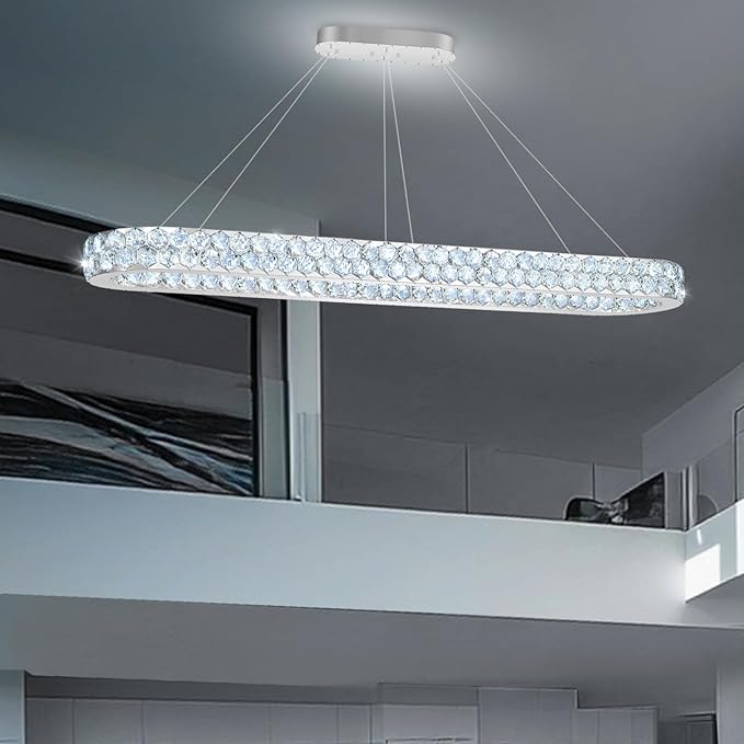 59'' Modern Oval Chandelier Crystal Chandeliers for Dining Room Round Ceiling Light Fixture for Living Room Lighting LED Dimmable with Remote Ring Lights Silver