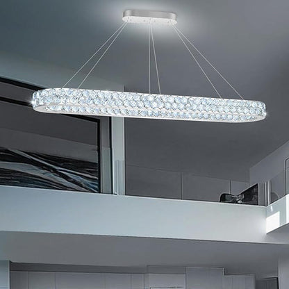 59'' Modern Oval Chandelier Crystal Chandeliers for Dining Room Round Ceiling Light Fixture for Living Room Lighting LED Dimmable with Remote Ring Lights Silver